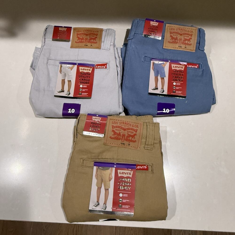 Lot 3 - Levi's Boy's Youth Sz: 10 Khaki Cargo Shorts Blue, Gray, Tan